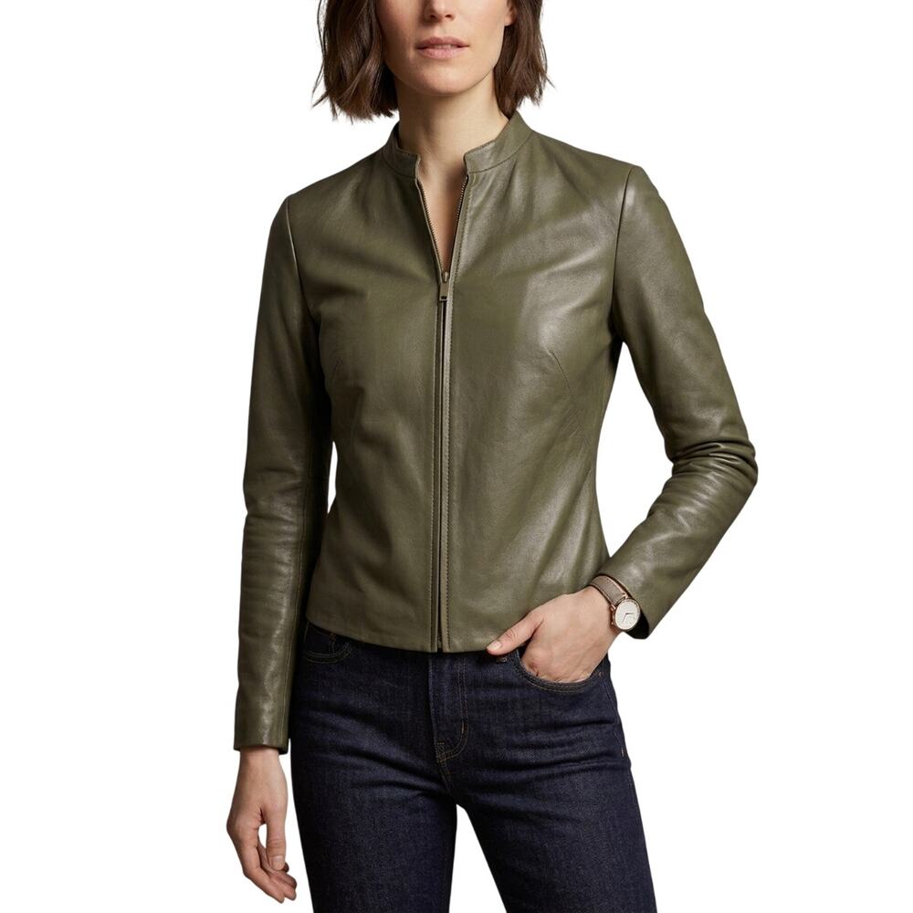 Ann Taylor Collarless Jacket Coat Full Zip Leather Olive Green Women's Size M